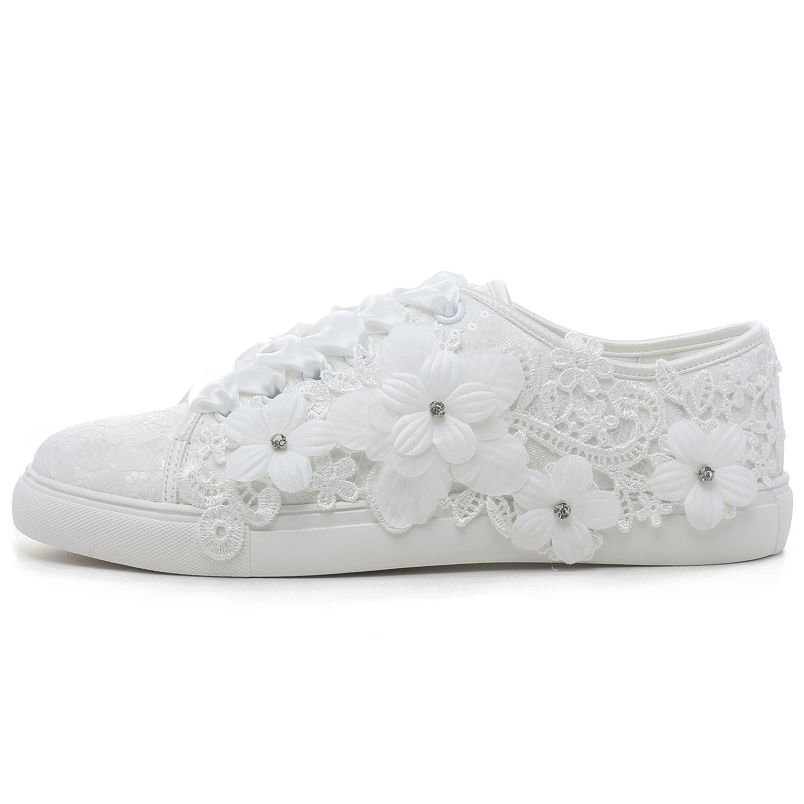 Elivandon 16054 Wedding Shoes Bridal Sneakers Flats Bride Tennis Shoes Flowers Lace Sneakers Colour Ivory,Size 9 B(M) US/40 EU