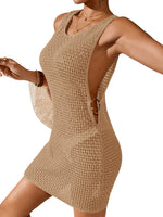 Load image into Gallery viewer, BreathSunny Womens Crochet Knit Swimsuit Cover Up Dress for Woman Summer 2026 Sexy Vacation Outfits Sleeveless Crew Neck Mesh Sheer Bathing Suit Hollow Out Mini Beach Dress Caramel Beige S
