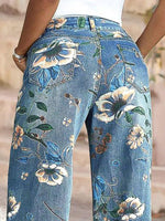 Load image into Gallery viewer, Flamingals Mid-Rise Vintage Floral Straight Leg Pants for Women Summer Casual Denim Pants Mid Blue L
