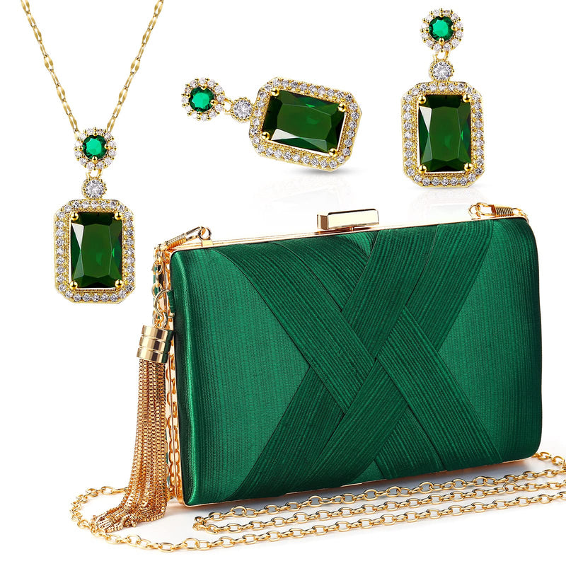 Jadive 3 Pcs Clutch Purses for Women Handbag Evening Purses Bag for Wedding Vintage Banquet Handbag Earrings Necklace Set(Emerald Green)