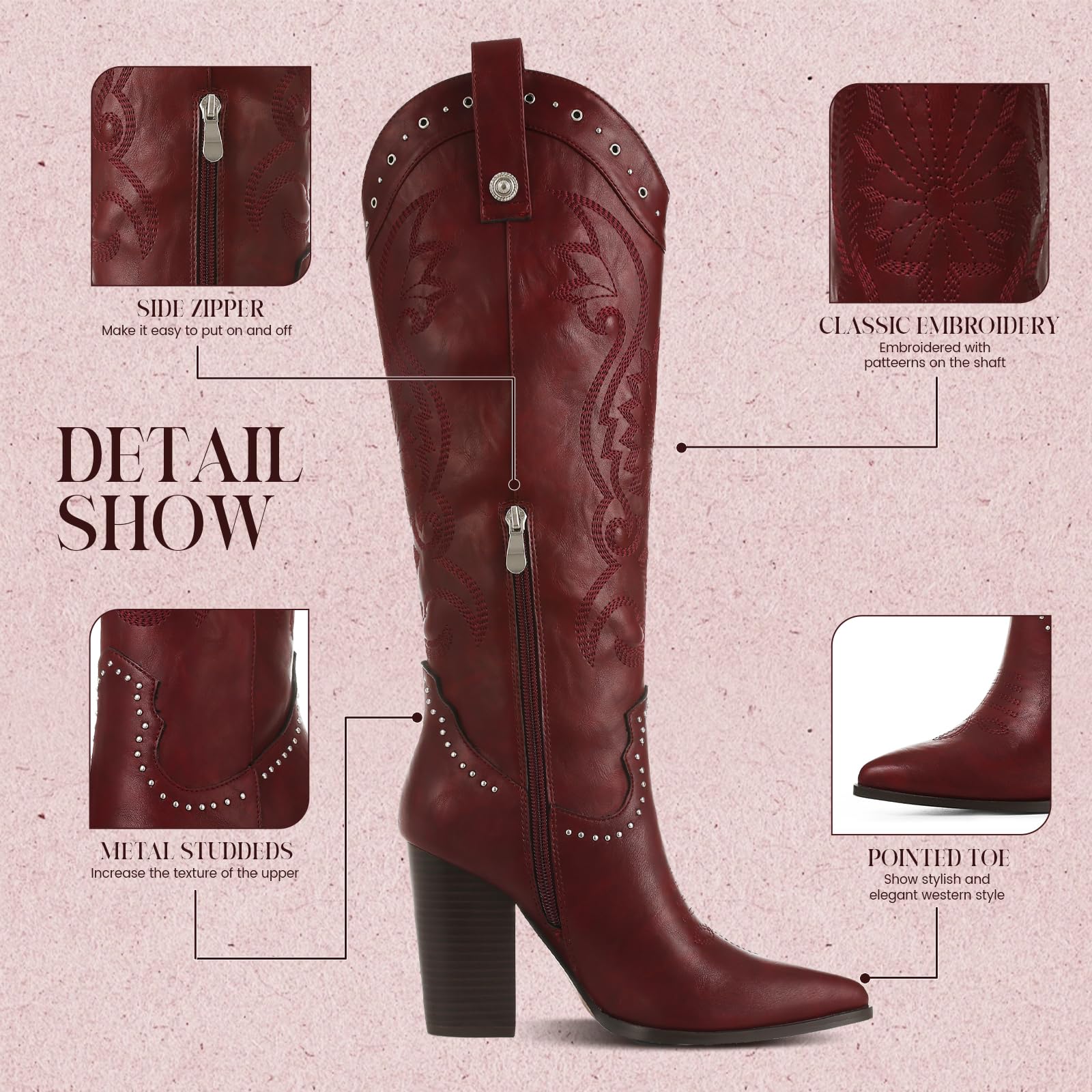 VOMIRA Knee High Burgundy Cowboy Boots for Women - Pointed Toe Chunky High Heels Pull-on Embroidered Western Boots for Wide Calf Cowgirls