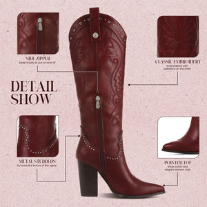 VOMIRA Knee High Burgundy Cowboy Boots for Women - Pointed Toe Chunky High Heels Pull-on Embroidered Western Boots for Wide Calf Cowgirls
