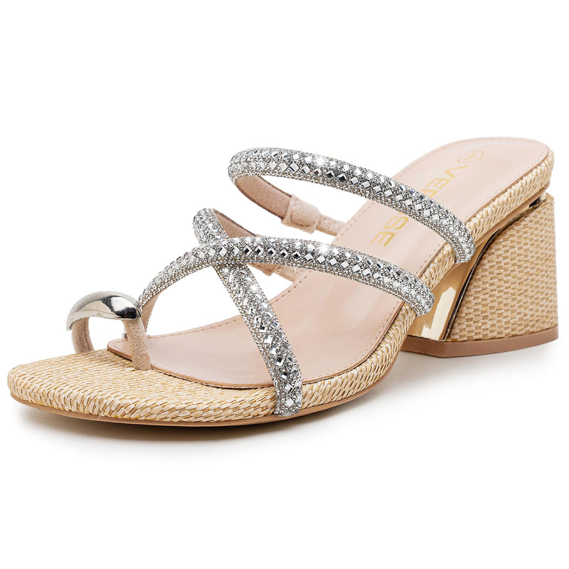 Vepose Women's Nude Heeled Sandals 3 Inch Chunky Block Raffia Heels - Rhinestone Strappy Square Open Toe Slip On Shoes for Casual Dressy Daily Wear Wedding Prom, Size 9 US (CJY6122 apricot 09)