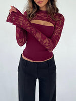 Load image into Gallery viewer, Xuiqx Women's Lace Long Sleeve Going Out Top Sexy Y2K Cut Out Double Lined Slim Night Out Club Party Tops (Burgundy Medium)
