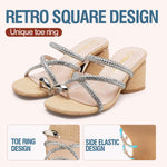 Load image into Gallery viewer, Vepose Women's Nude Heeled Sandals 3 Inch Chunky Block Raffia Heels - Rhinestone Strappy Square Open Toe Slip On Shoes for Casual Dressy Daily Wear Wedding Prom, Size 9 US (CJY6122 apricot 09)

