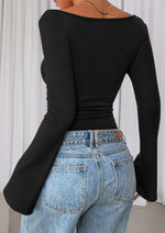 Load image into Gallery viewer, PRETTYGARDEN Women's Long Sleeve Shirts 2025 Fall Going Out Tops Casual Boat Neck Bell Sleeve Ribbed Ruched Y2K Clothes (Black,Medium)
