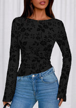 Load image into Gallery viewer, PRETTYGARDEN Women Long Sleeve Floral Mesh Tops Blouse 2025 Fall Trendy Boat Neck Ruched Fitted Shirt Going Out Date Outfits (Black,Medium)

