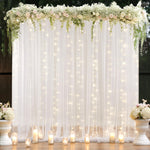 Load image into Gallery viewer, 10×8ft White Tulle Curtain Backdrop with Lights String for Parites, Sheer Backdrop Curtain Drapes for Wedding Photo Baby Shower Photography Birthday Party
