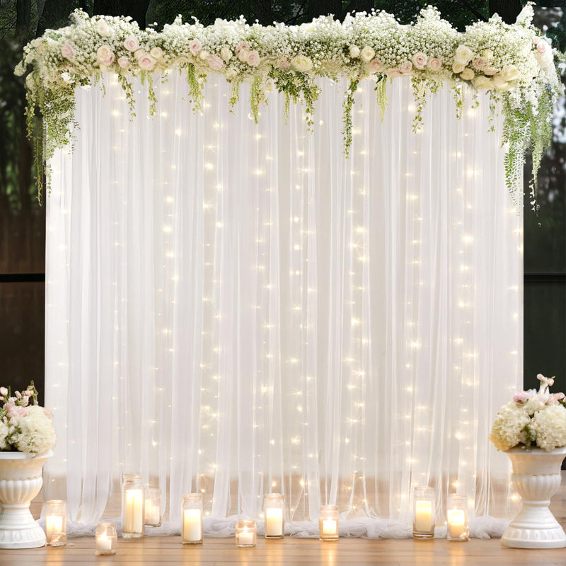 10×8ft White Tulle Curtain Backdrop with Lights String for Parites, Sheer Backdrop Curtain Drapes for Wedding Photo Baby Shower Photography Birthday Party