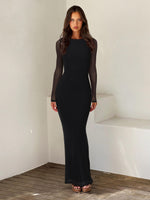 Load image into Gallery viewer, REORIA Women's Fall Mesh Sheer Long Sleeve Wedding Guest Dress Sexy Floral Bodycon Maxi Long Dresses Black Onyx Medium
