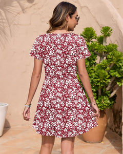 WNEEDU Hawaiian Beach Cover Up Dress Casual Floral Print Elastic Waist Spring Travel Sundress,New Floral Red,M