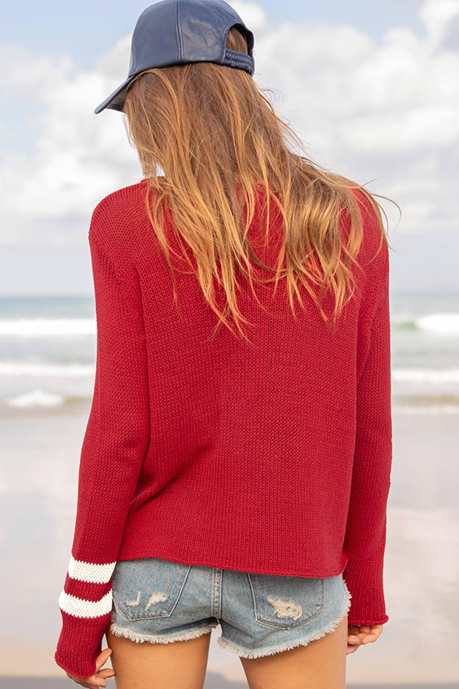 Winioder Women American Flag Sweater 4th of July Long Sleeve Crewneck Star Sweatshirt Vintage Hollow Out Knit Pullover Jumper Tops(Star Red,S)