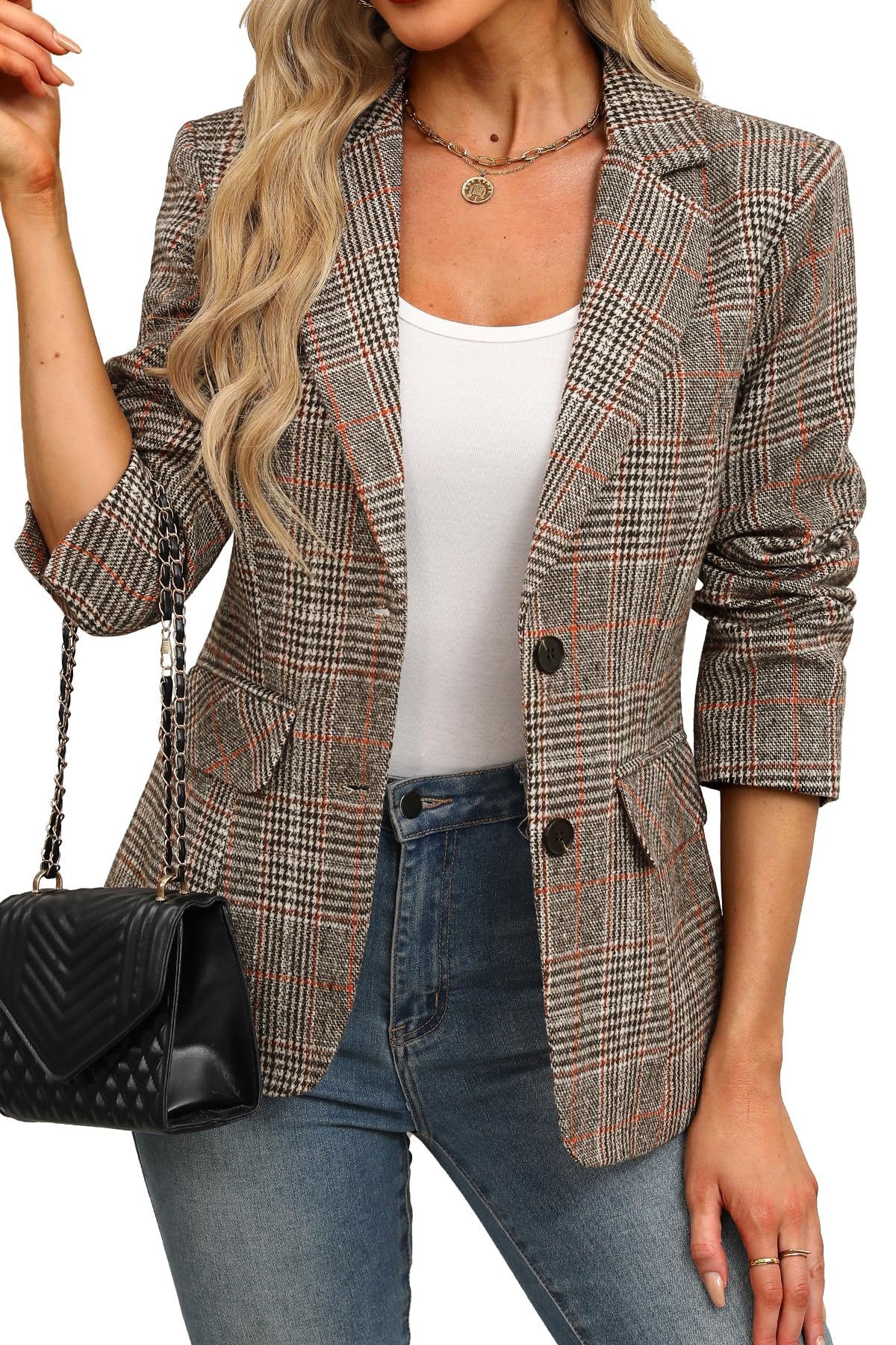 ELLEVEN Womens Casual Plaid Blazer Lapel Collar Double Button Long Sleeve Boyfriend Blazer Suit Houndstooth Plaid Blazer Jacket Business Work Office Blazer Suits Brown Plaid Large