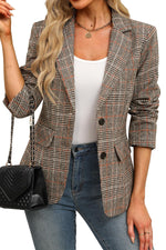 Load image into Gallery viewer, ELLEVEN Womens Casual Plaid Blazer Lapel Collar Double Button Long Sleeve Boyfriend Blazer Suit Houndstooth Plaid Blazer Jacket Business Work Office Blazer Suits Brown Plaid Large
