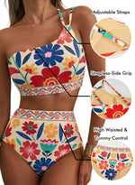 Load image into Gallery viewer, Herseas Women Bikini Sets One Shoulder Supportive Swimsuits Summer 2026 High Waisted Tummy Control 2 Piece Bathing Suits Fashionable Athletic Outfits Teen Girls Multicolor Floral X-Large
