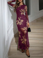 Load image into Gallery viewer, Verdusa Women&#39;s Floral Mesh Maxi Dresses Long Sleeve Elegant Formal Fall Wedding Guest Dress Cocktail Slimming Dress Wine Red Medium
