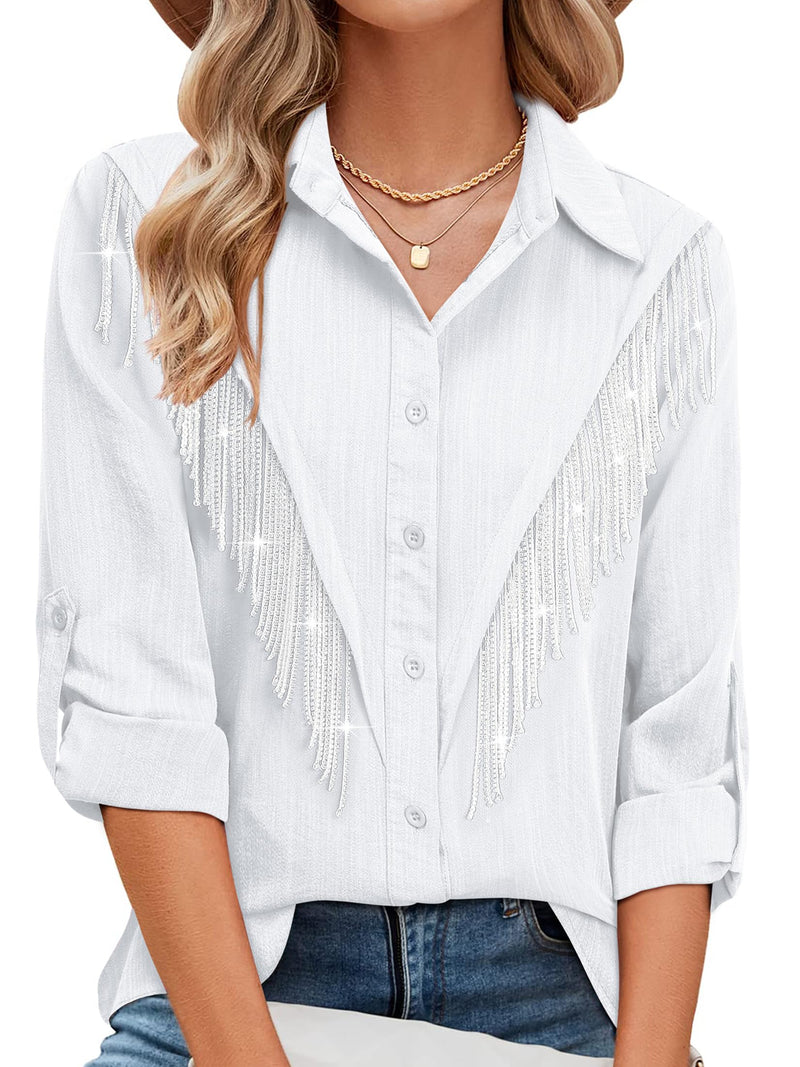 MYMORE Womens Rhinestone Fringe Shirts Top Nashville Western Wear Disco Cowgirl Sparkle Long Sleeve Button Down Shirt Blouse Cowboy Chic Carter Rodeo Country Concert Outfit Clothes White L