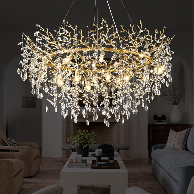 kvtinmty 14-Light Modern Large Crystal Chandelier for Dining Room, 48" Round Gold Crystal Tree Branche Chandelier, Living Room Crystal Chandelier, Crystal Chandeliers for High Ceiling,Entryway,Foyer