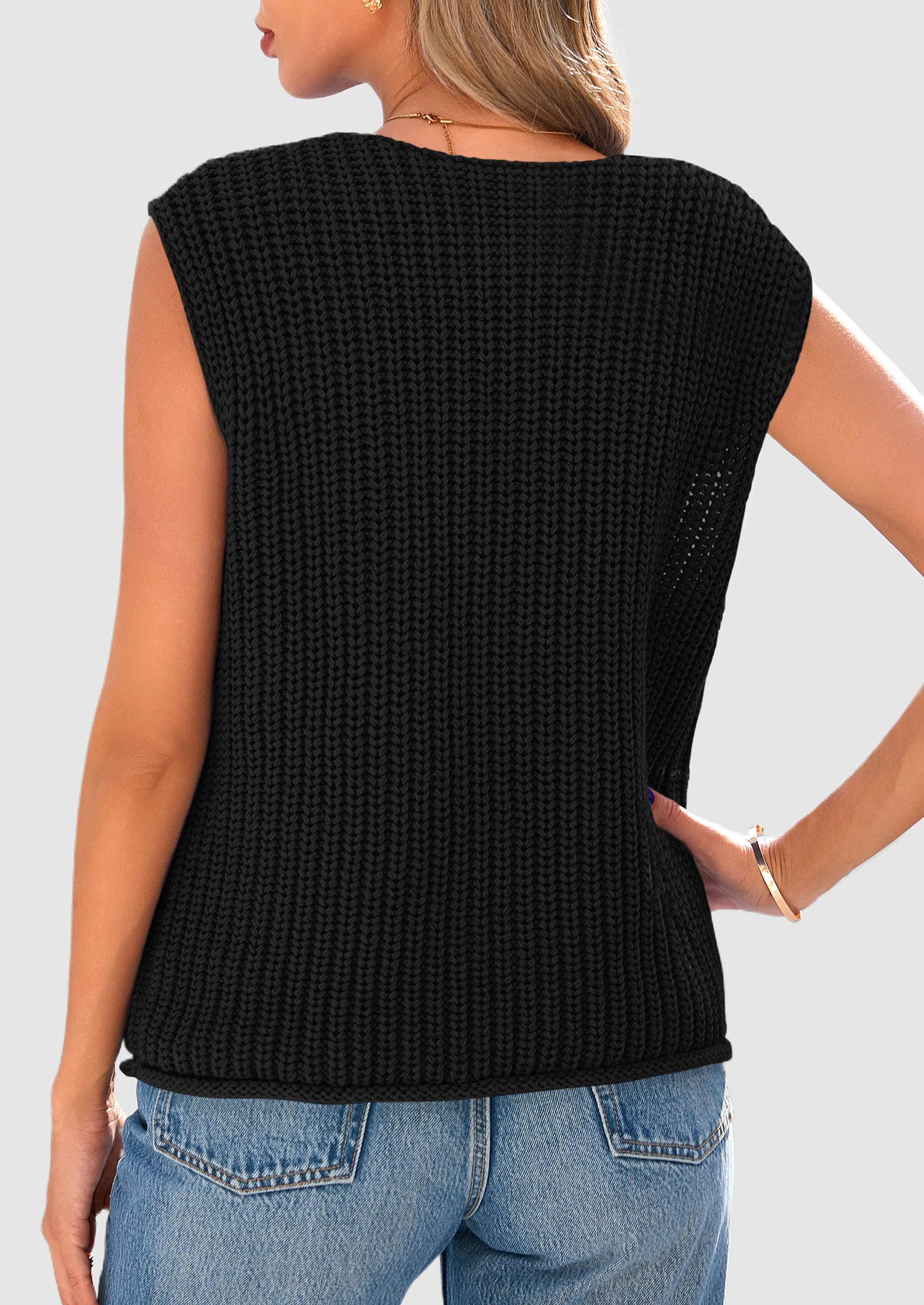 PRETTYGARDEN Women's Summer Sweaters Vest 2025 Sleeveless Button Down Cropped Pockets Chunky Knit Cardigan Trendy Tank Tops (Black,Medium)