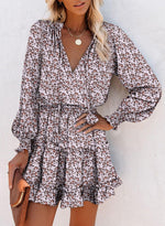 Load image into Gallery viewer, Dokotoo Womens Boho Dresses Beach Vacation Clothes for Women Casual Long Sleeve Drawstring V Neck Smocked Elastic Waist Ruffle Tiered A-Line Floral Bohemian Hawaiian Mini Short Dress Sundress Large
