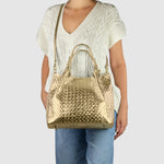 Load image into Gallery viewer, Italian Genuine Metallic Suede Handbag for Women with Adjustable Strap| Medium Woven Effect Top-Handle Crossbody (Gold)
