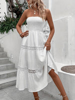 Load image into Gallery viewer, SKAYS Women's Strapless Bandeau Dress Solid Color Hollow Out Lace Patchwork A-Line Beach Dress White M
