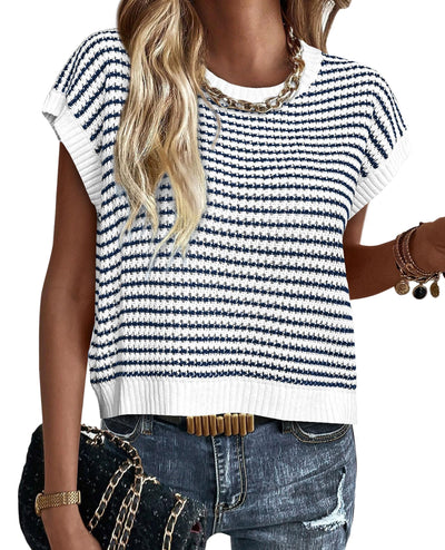 PRETTYGARDEN Womens Short Sleeve Sweater Spring Summer 2025 Round Neck Striped Pullover Cap Sleeve Knit Sweater Vest Tops(Striped White Navy,Medium)