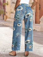 Load image into Gallery viewer, Flamingals Mid-Rise Vintage Floral Straight Leg Pants for Women Summer Casual Denim Pants Mid Blue L
