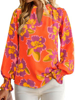 Load image into Gallery viewer, MASCOMODA Womens V Neck Floral Long Sleeve Tops 2025 Summer Casual Loose Puff Sleeve Chiffon Boho Work Blouse Dressy T Shirts(Orange Purple Flower,Large)
