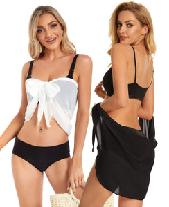 2 Pieces Sarong Cover Ups for Women Beach Bathing Suit Wrap Sheer Short Skirt Bikini Chiffon Scarf for Swimwear (Black and White)