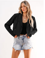 Load image into Gallery viewer, Luvamia Womens Fashion Lapel Cropped Blazer - Business Casual Open Front Black Blazer for Women&#39;s Interview Outfits - Size Medium (Fits Size 8 / 10)
