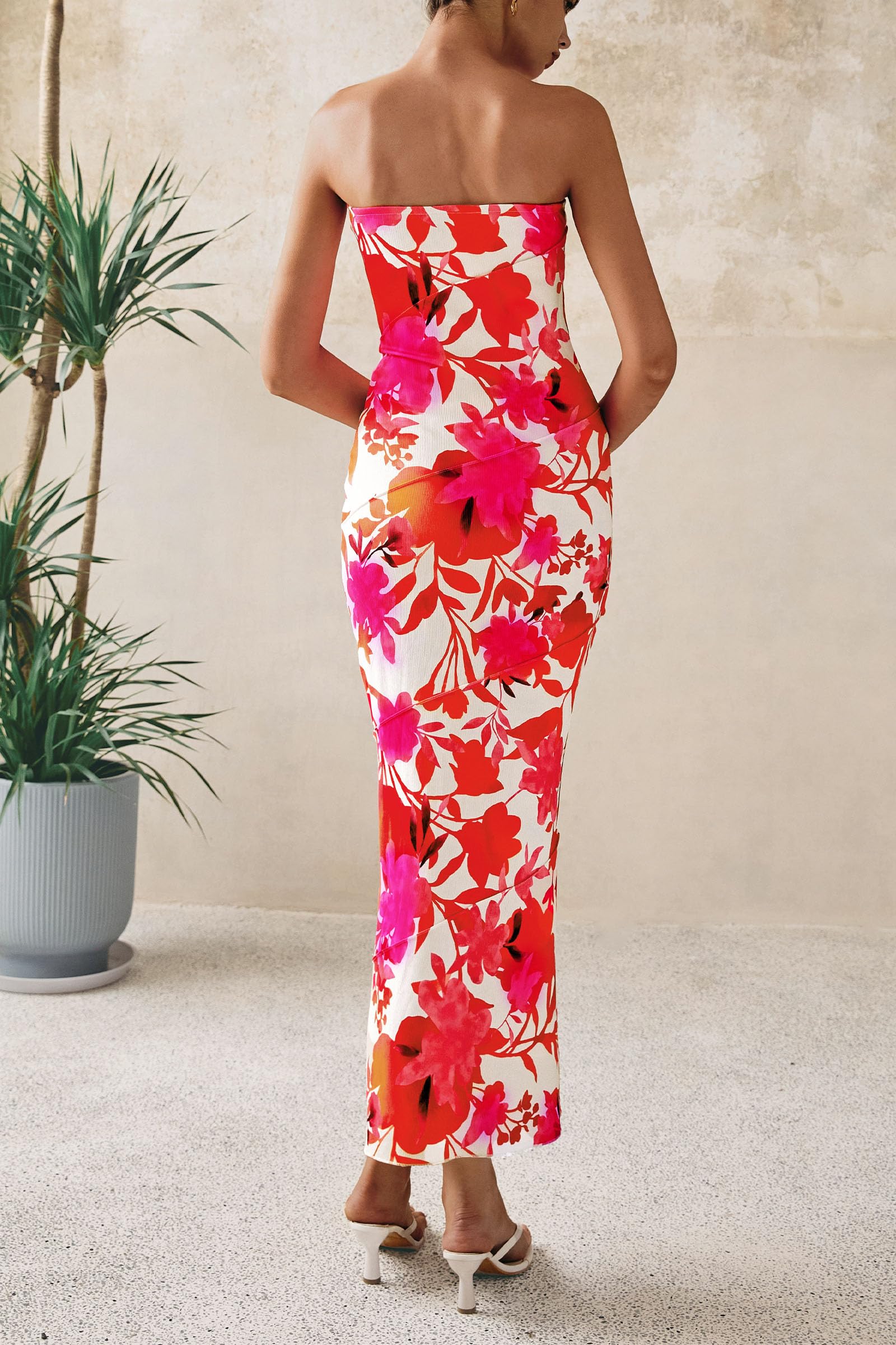 PRETTYGARDEN Women's 2025 Summer Floral Bodycon Maxi Dresses Ribbed Strapless Tube Casual Boho Party Long Dress (Floral White Pink,Medium)