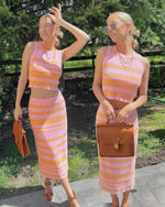 Load image into Gallery viewer, Arach&amp;Cloz Women's 2 Piece Sets 2026 Summer Mom Outfits Matching Clothing Fall Dressy Vacation Striped Tank Top Midi Skirt Going Out Date Night Sweater A-Line Suits(pink-orange,S)
