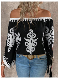 GORGLITTER Women's Off The Shoulder Bell Long Sleeve Top Allover Print Blouse Shirts Black Large