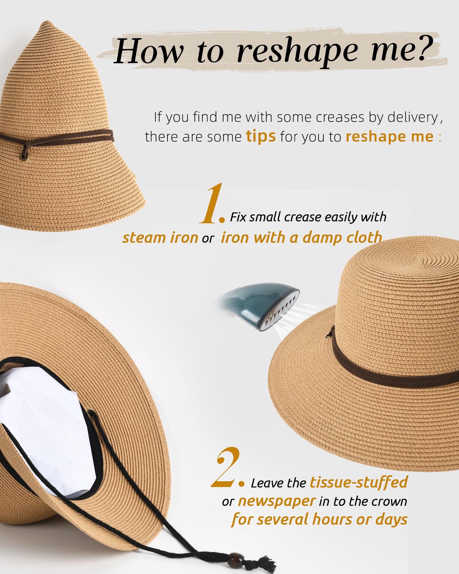 FURTALK Womens Wide Brim Sun Hat with Wind Lanyard UPF Summer Straw Sun Hats for Women Khaki