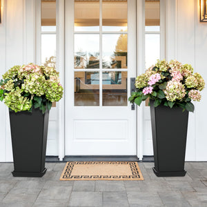 TUYOHW Set of 2 Large Planter for Indoor or Outdoor 24" Tall Flower Pots Tapered Planters with Tray for Porch, Patio, Backyard, Large Planters for Outdoor Indoor Plants (Black)