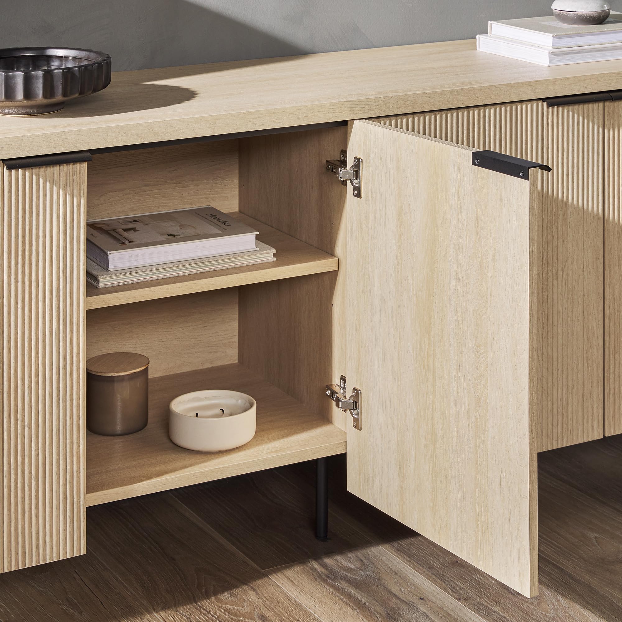 Walker Edison Modern Reema Scandinavian Fluted 4-Door Kitchen Storage Sideboard Buffet Cabinet Console, 69 Inch, Coastal Oak