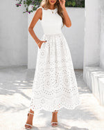 Load image into Gallery viewer, dowerme Women Summer Dresses 2026 Casual Sleeveless Crewneck A-Line Boho Lace Eyelet Cotton Tank Maxi Dress with Pockets(White,Medium)
