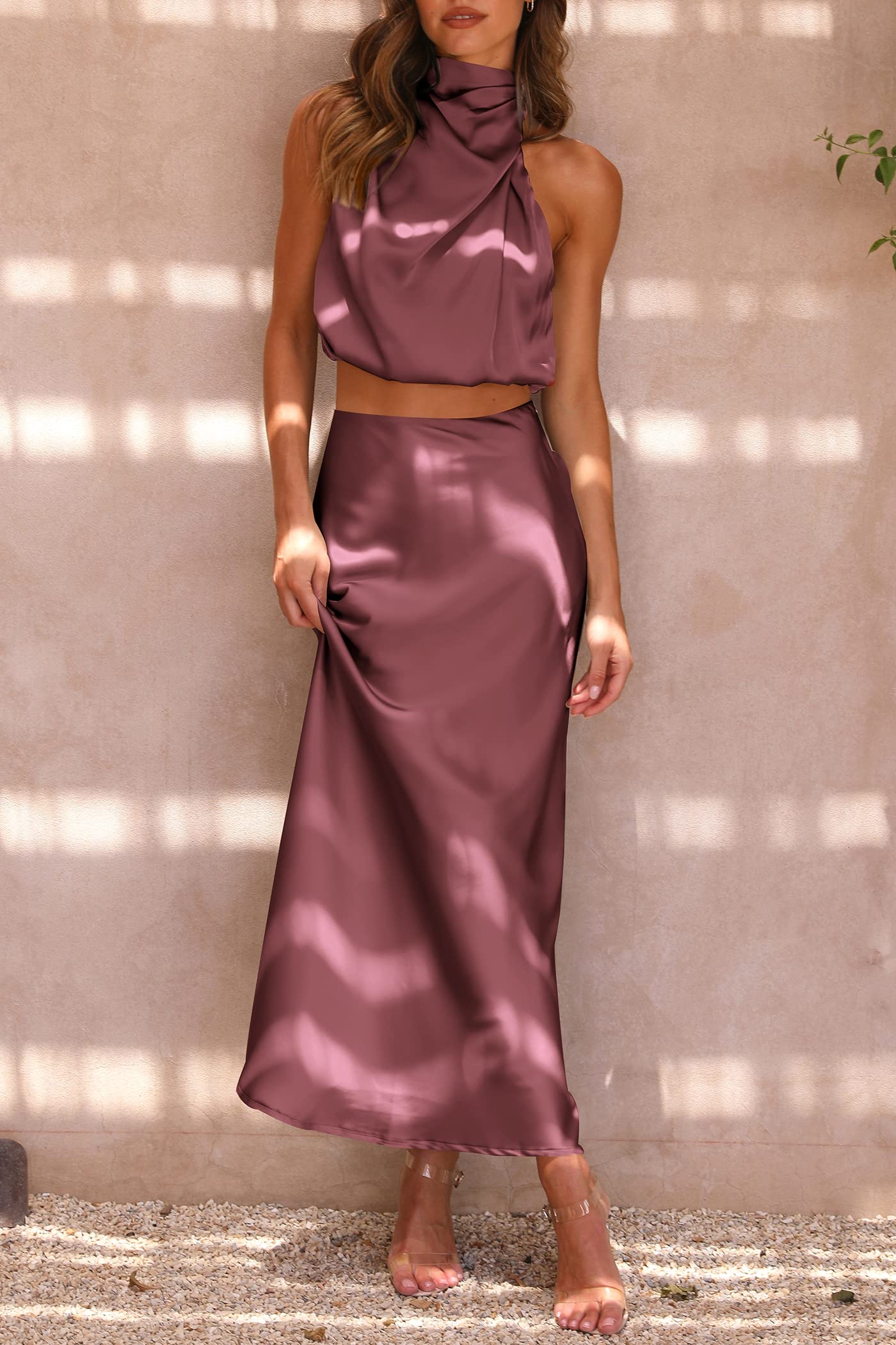 PRETTYGARDEN Women's 2 Piece Satin Outfits Summer Sleeveless Mock Neck Crop Tops and Long Skirt Dress Sets (Brick Red,Large)