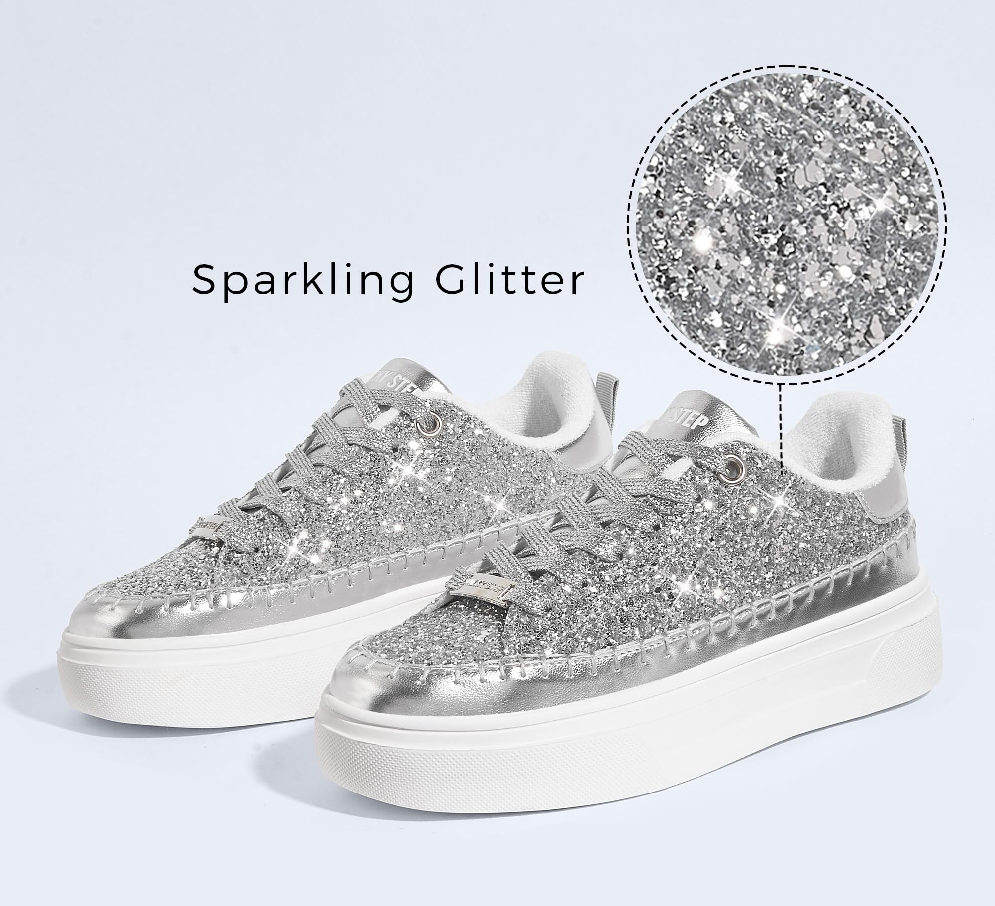 LUCKY STEP Platform Glitter Sneakers for Women Fashion Sparkly Bling Shiny Low Top Tennis Sneakers Faux Leather Casual Walking Shoes(Silver Glitter,10)