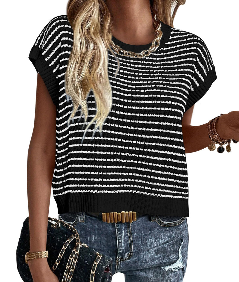 PRETTYGARDEN Womens Short Sleeve Sweater Spring Summer 2025 Round Neck Striped Pullover Cap Sleeve Knit Sweater Vest Tops(Black,Medium)