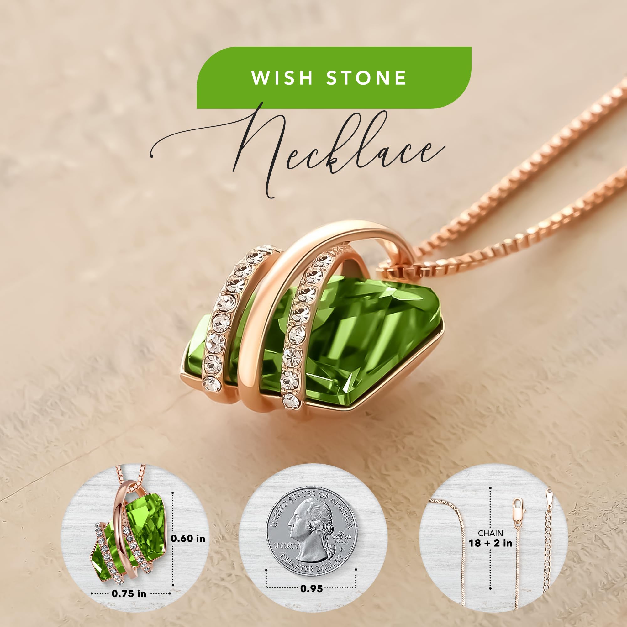 Leafael Wish Stone Pendant Necklace with Peridot Green Birthstone Crystal for August, 18K Rose Gold Plated, 18" + 2" Chain