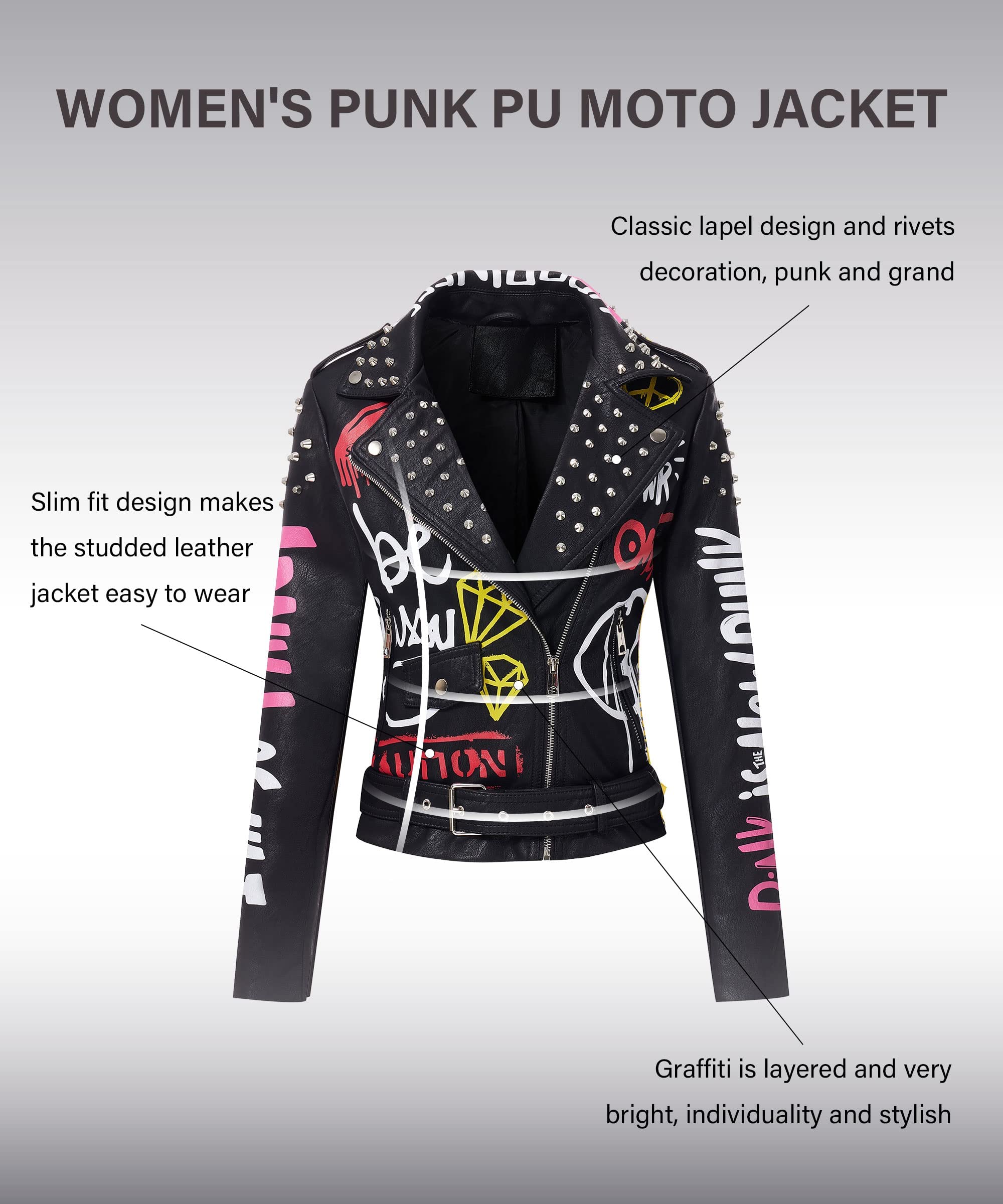 RISISSIDA Studded Leather Jacket Women Moto Motorcycle Faux Leather Coat Black 0480 M