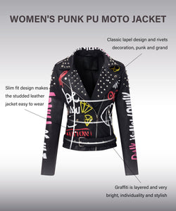 RISISSIDA Studded Leather Jacket Women Moto Motorcycle Faux Leather Coat Black 0480 M