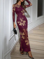 Load image into Gallery viewer, Verdusa Women&#39;s Floral Mesh Maxi Dresses Long Sleeve Elegant Formal Fall Wedding Guest Dress Cocktail Slimming Dress Wine Red Medium
