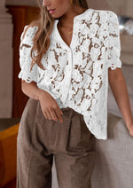 Load image into Gallery viewer, PRETTYGARDEN Womens 2025 Spring Lace Tops Short Puff Sleeve Casual Dressy Blouses Eyelet Crew Neck Button Down Shirts (White,Medium)
