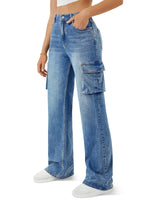 Load image into Gallery viewer, Women High Waisted Cargo Jean for Women with 6 Pockets Straight Wide Leg Jean Casual Baggy Pants Blue
