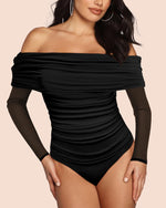 Load image into Gallery viewer, SAUNGKUAI Women&#39;s Off The Shoulder Long Sleeve Bodysuit Sexy Slimming Body Suit Tops Sheer Mesh Ruched Outfits Black M
