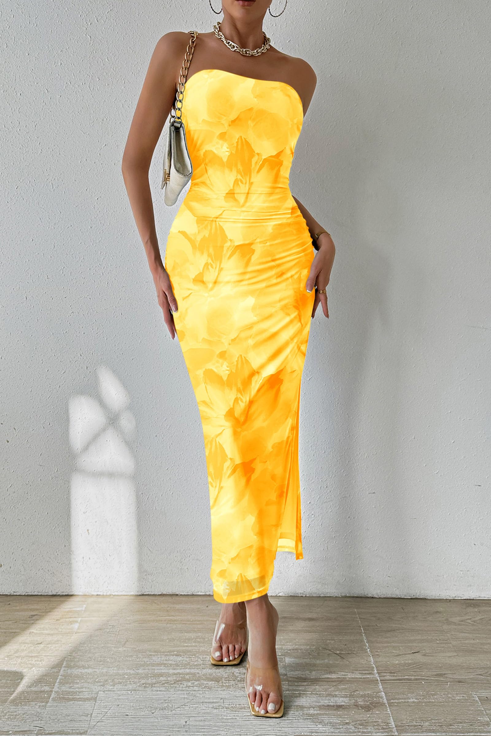 PRETTYGARDEN Women's Summer Maxi Bodycon Dresses Strapless Tube Top Printed Long Party Club Slit Dress (Floral Yellow,Medium)