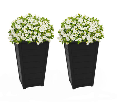 Keter Set of 2 Resin Modern Outdoor 22 Inch Tall Large Flower Pots, Tapered Wood Look Planters for Outdoor Plants and Front Porch Decor, Graphite